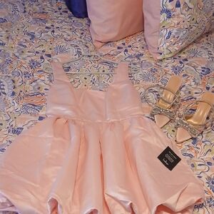 Lulus Pink Satin Dress And Ankle Strap Matching Low Heels Bundle